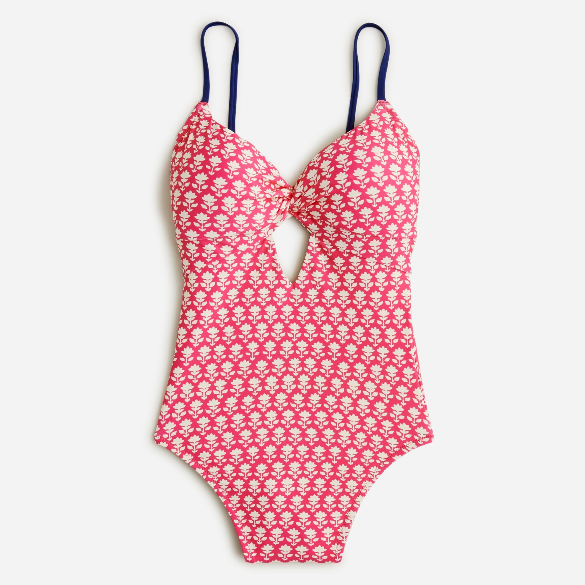  Twist-front keyhole one-piece swimsuit in pink stamp floral