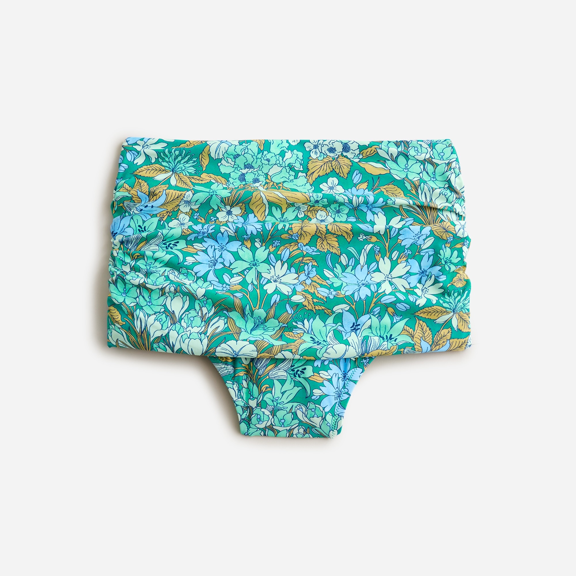  Ruched high-rise full-coverage bikini bottom in aqua blooms