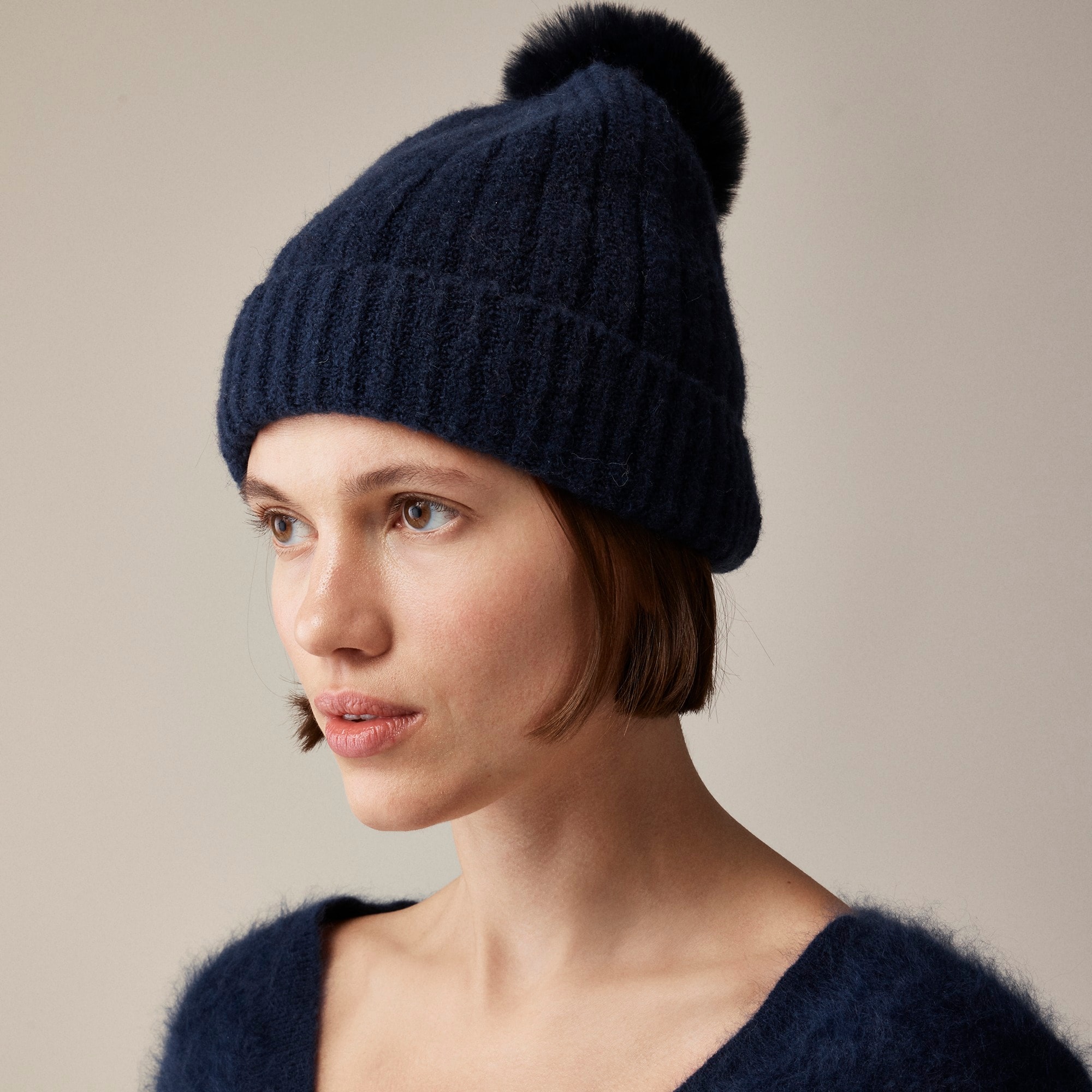 womens Ribbed pom-pom beanie in Supersoft yarn