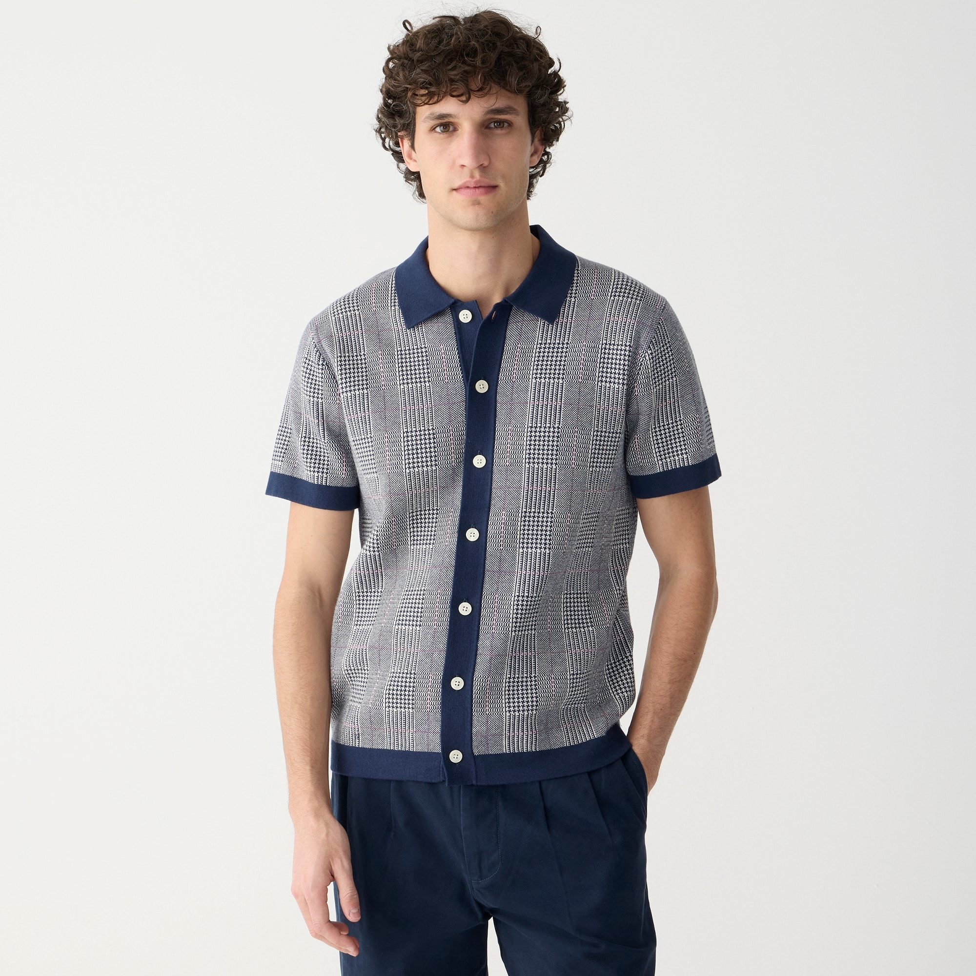 mens Short-sleeve heritage cotton sweater-polo in windowpane jacquard