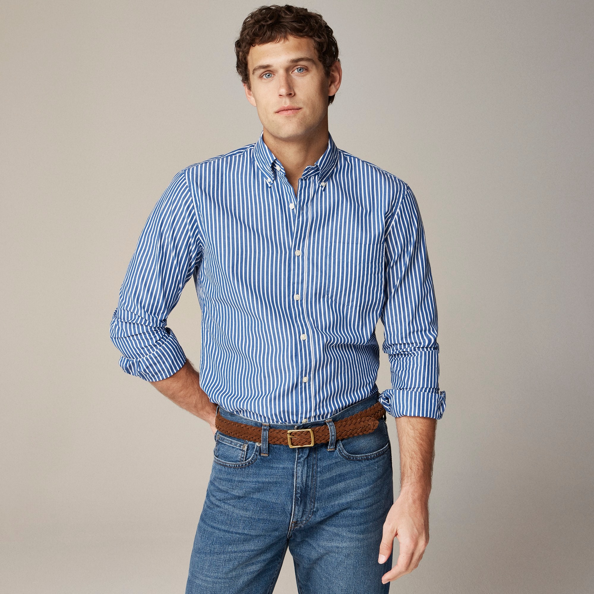 mens Slim Untucked Secret Wash cotton poplin shirt in stripe