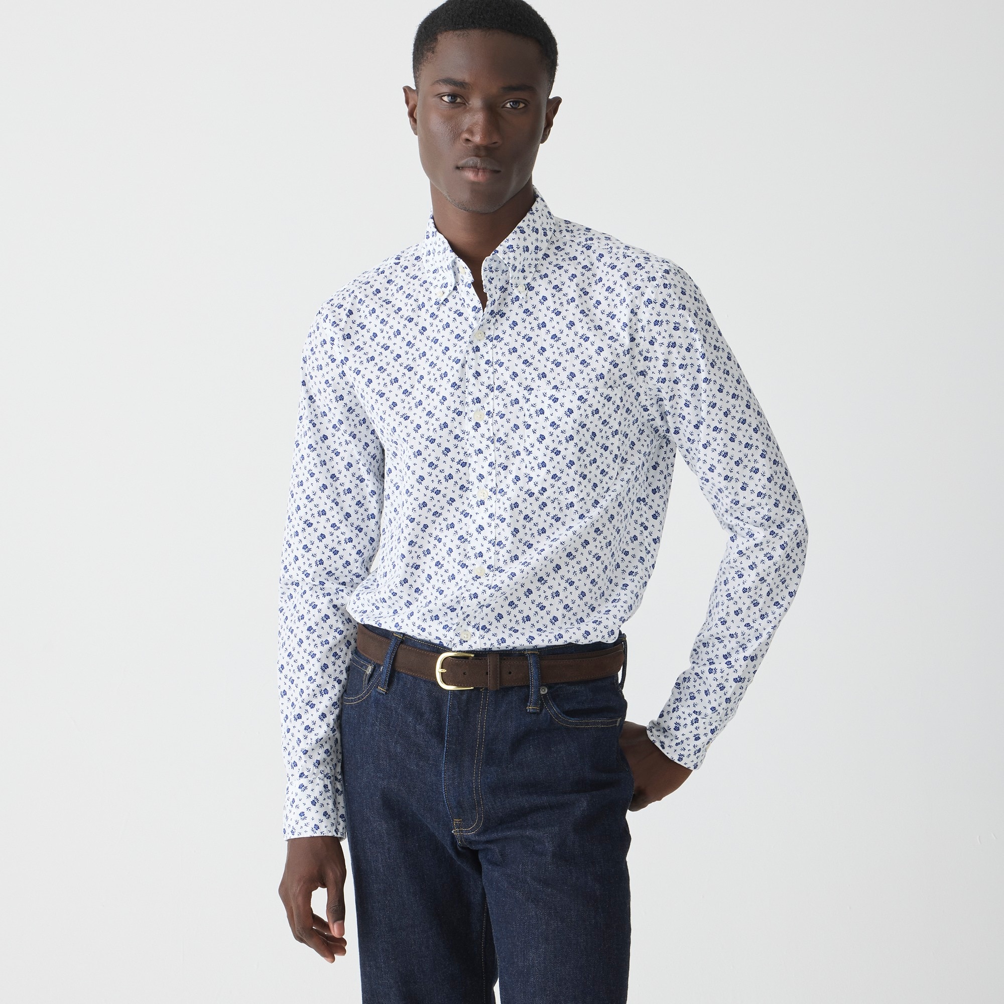 mens Slim Untucked Secret Wash cotton poplin shirt in print