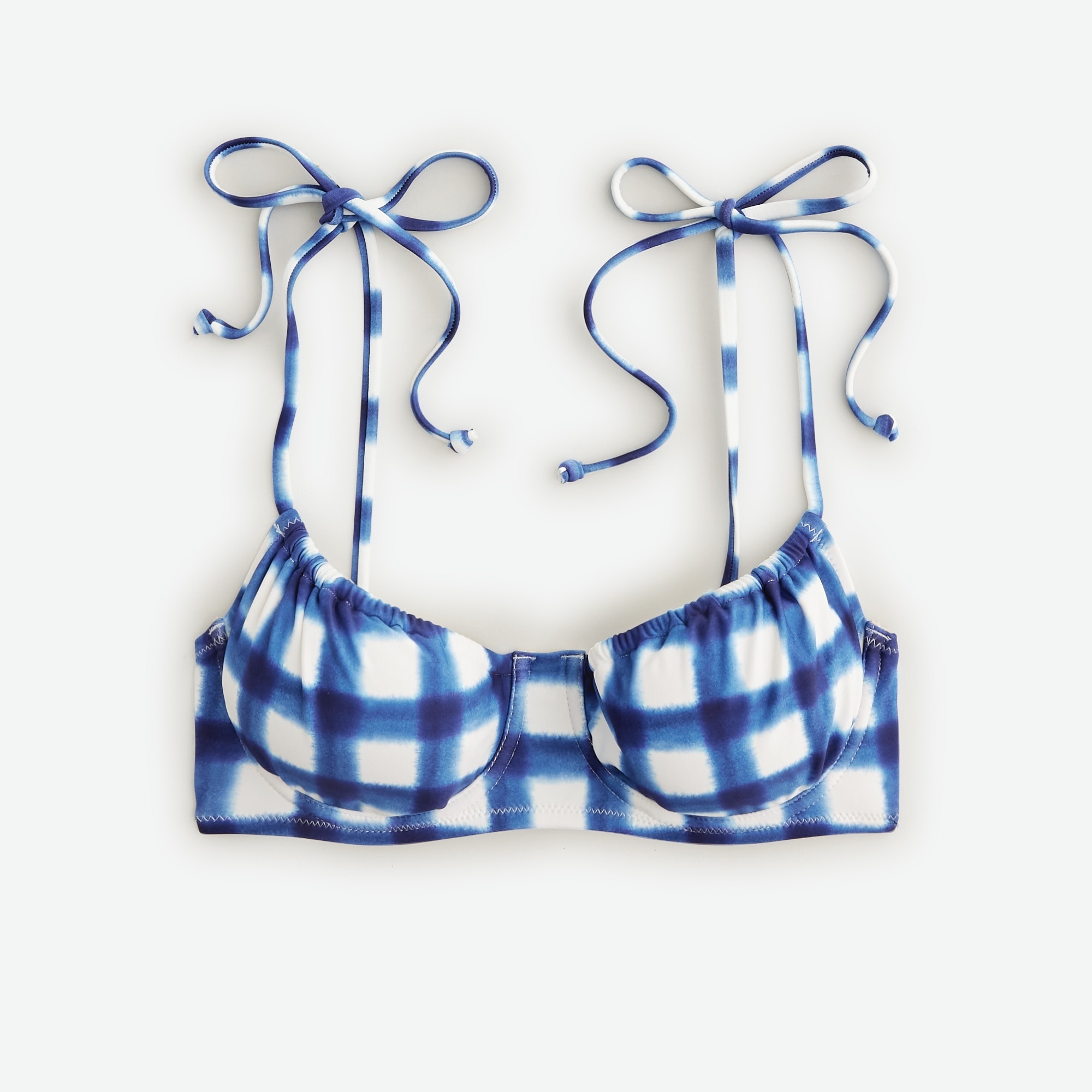  Ruched tie-shoulder bikini top in gingham