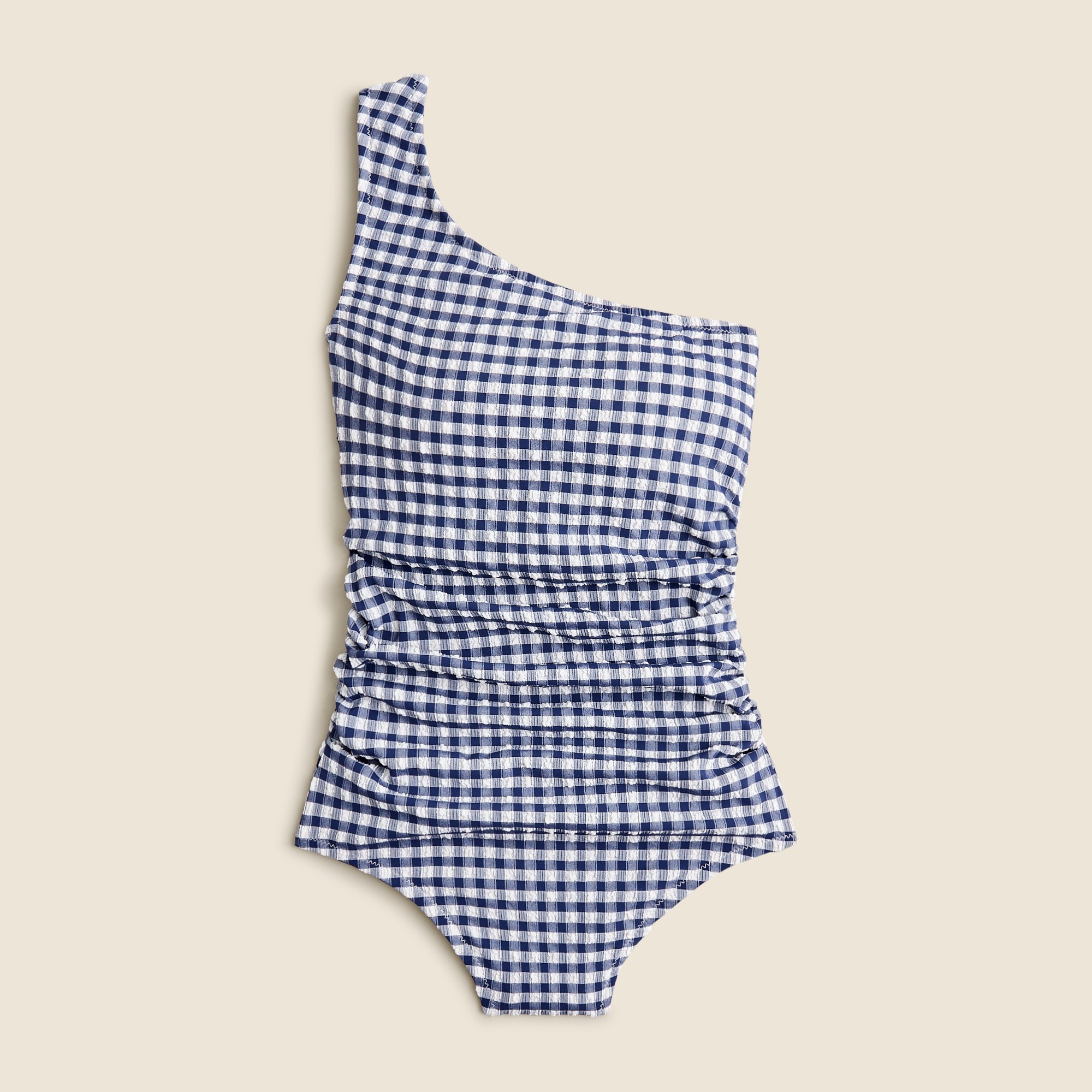  Sleek ruched one-shoulder one-piece swimsuit in gingham