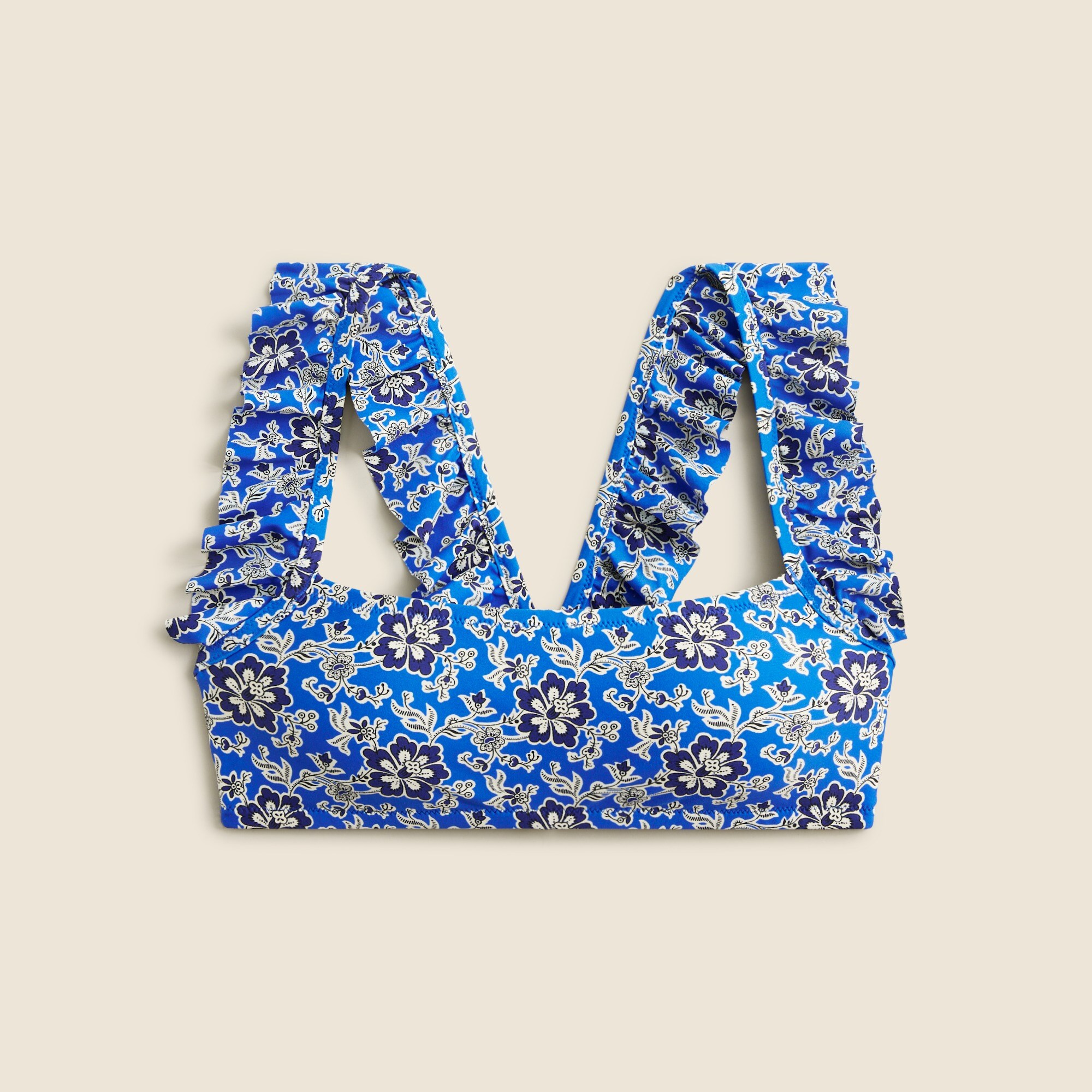  Ruffle-strap bikini top in cobalt floral