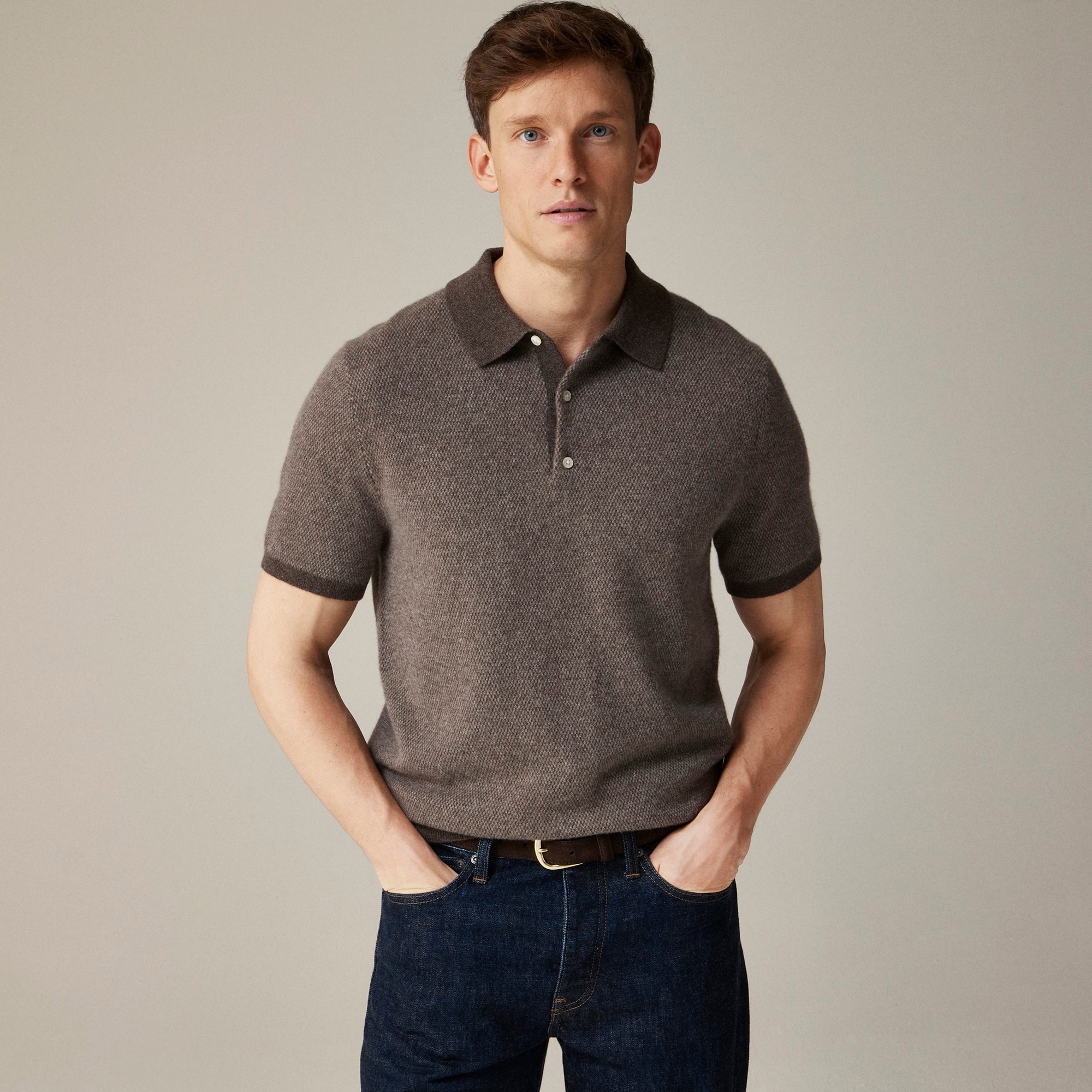 mens Short-sleeve cashmere sweater-polo in bird's-eye