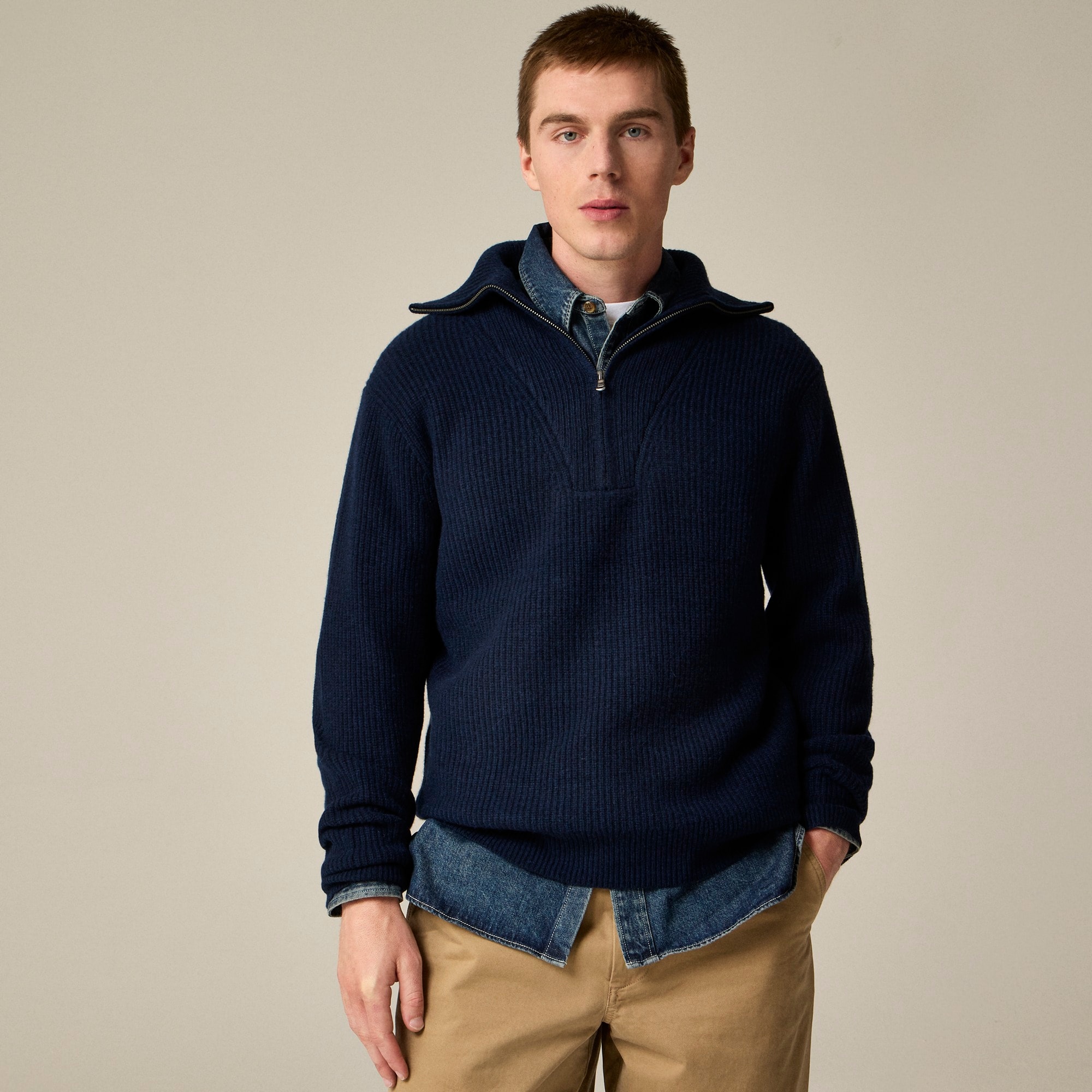 mens Midweight cashmere ribbed half-zip ski sweater