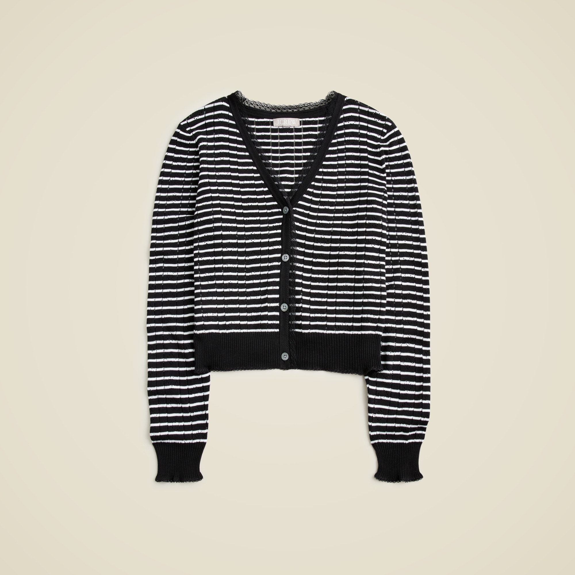  Pointelle V-neck cardigan in striped premium ultrafine cotton