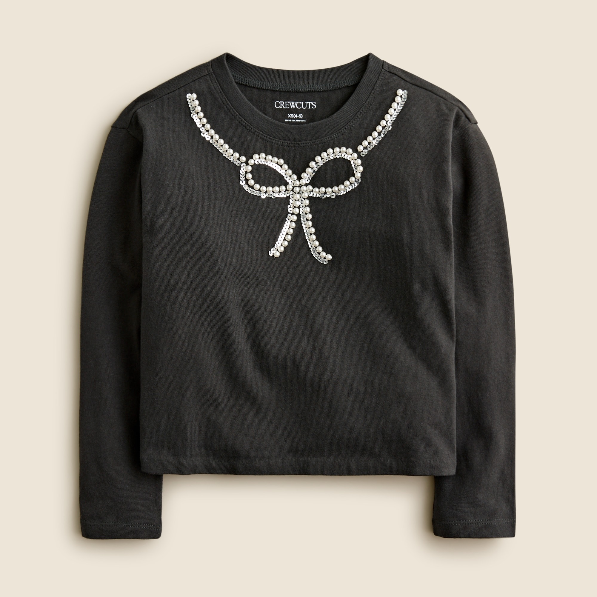  Girls' long-sleeve embellished bow T-shirt with pearls