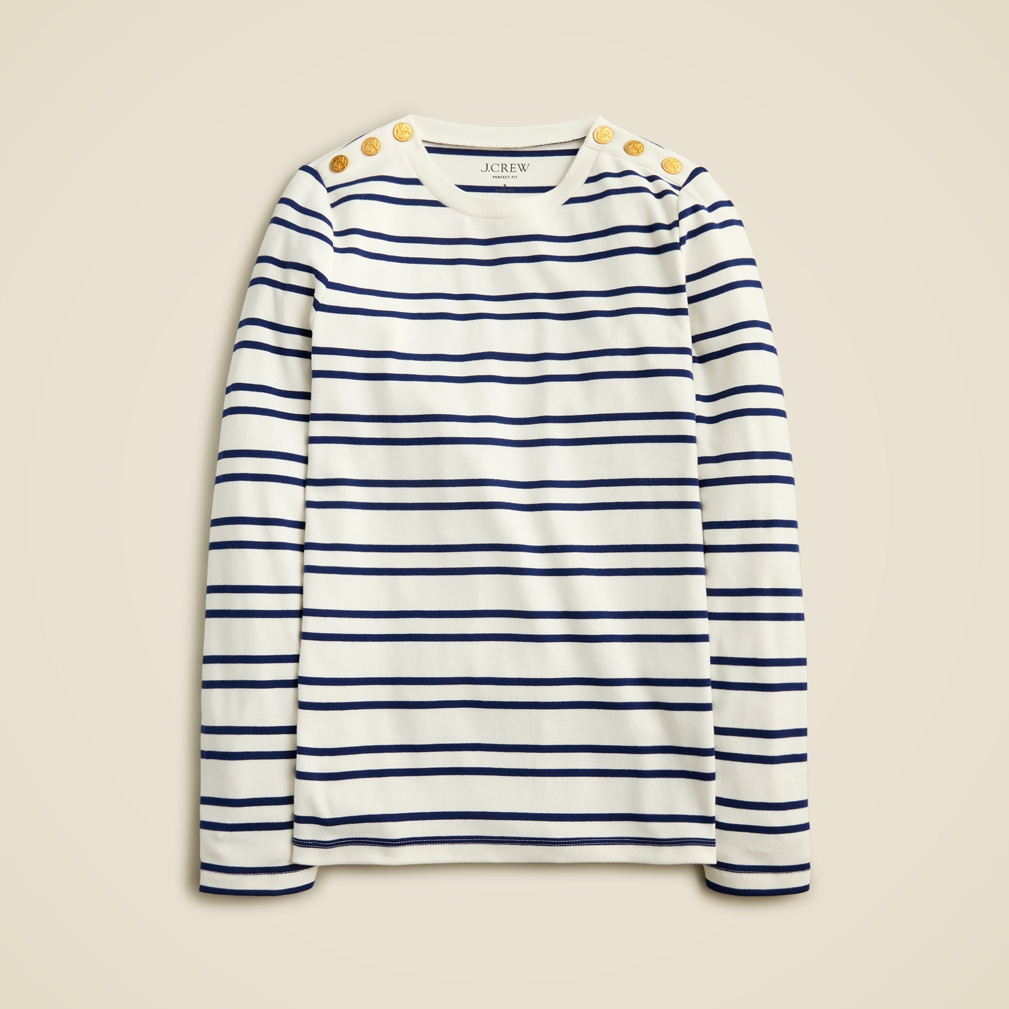 womens Perfect-fit long-sleeve crewneck T-shirt with lion buttons in stripe