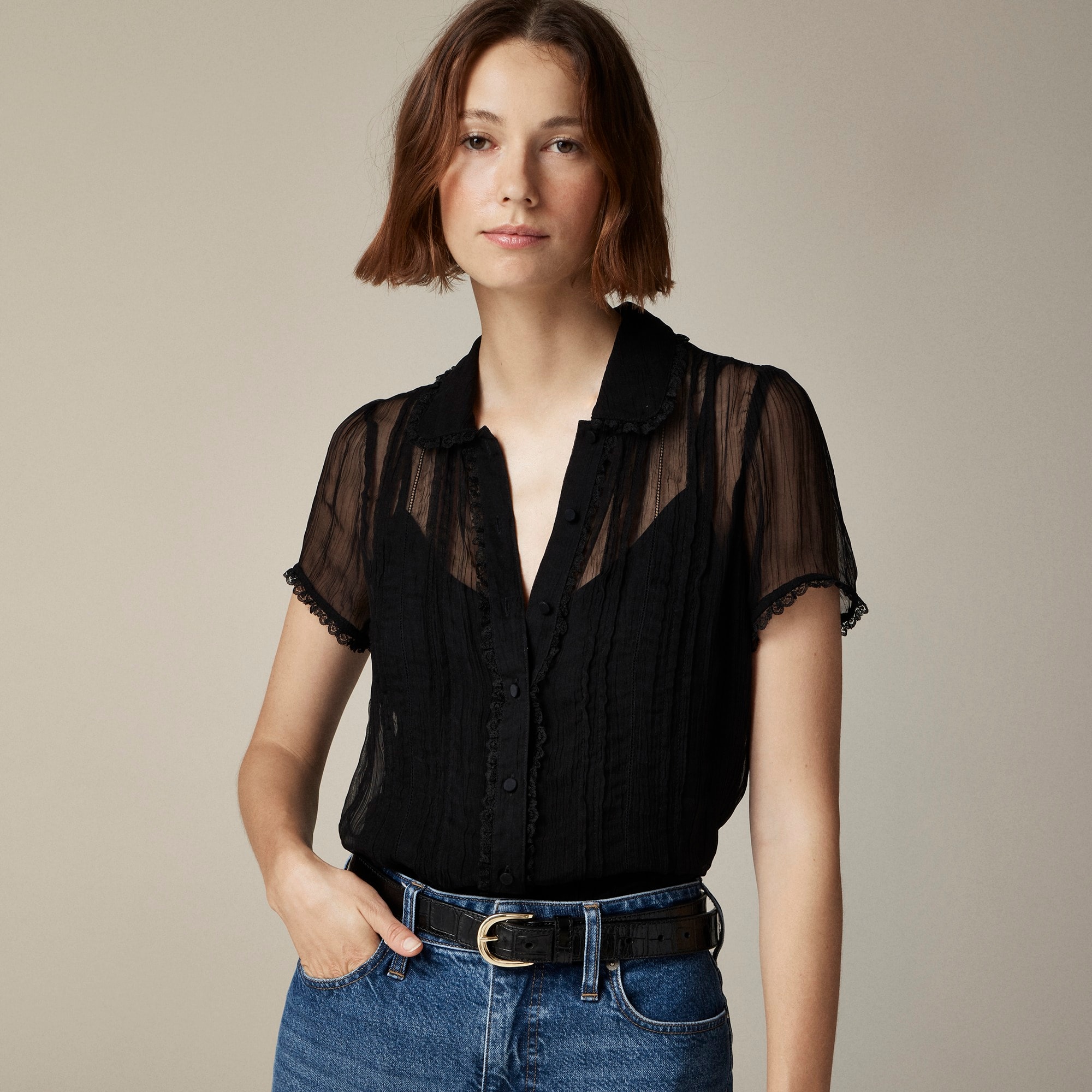 womens Sheer lace-trim button-up shirt