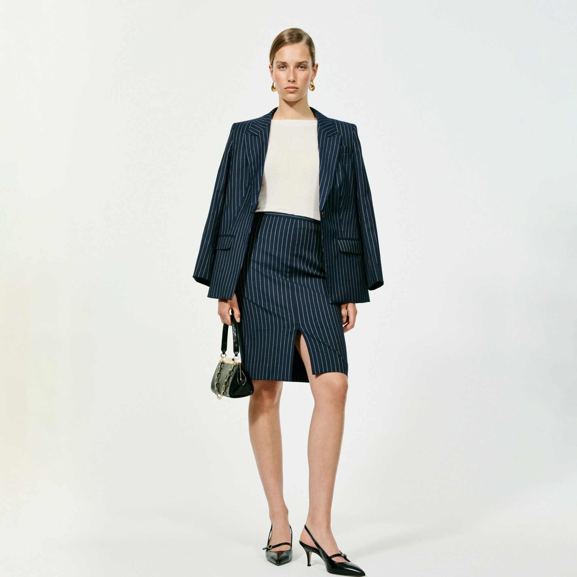  Pencil knee-length skirt in navy pinstripe Italian wool blend