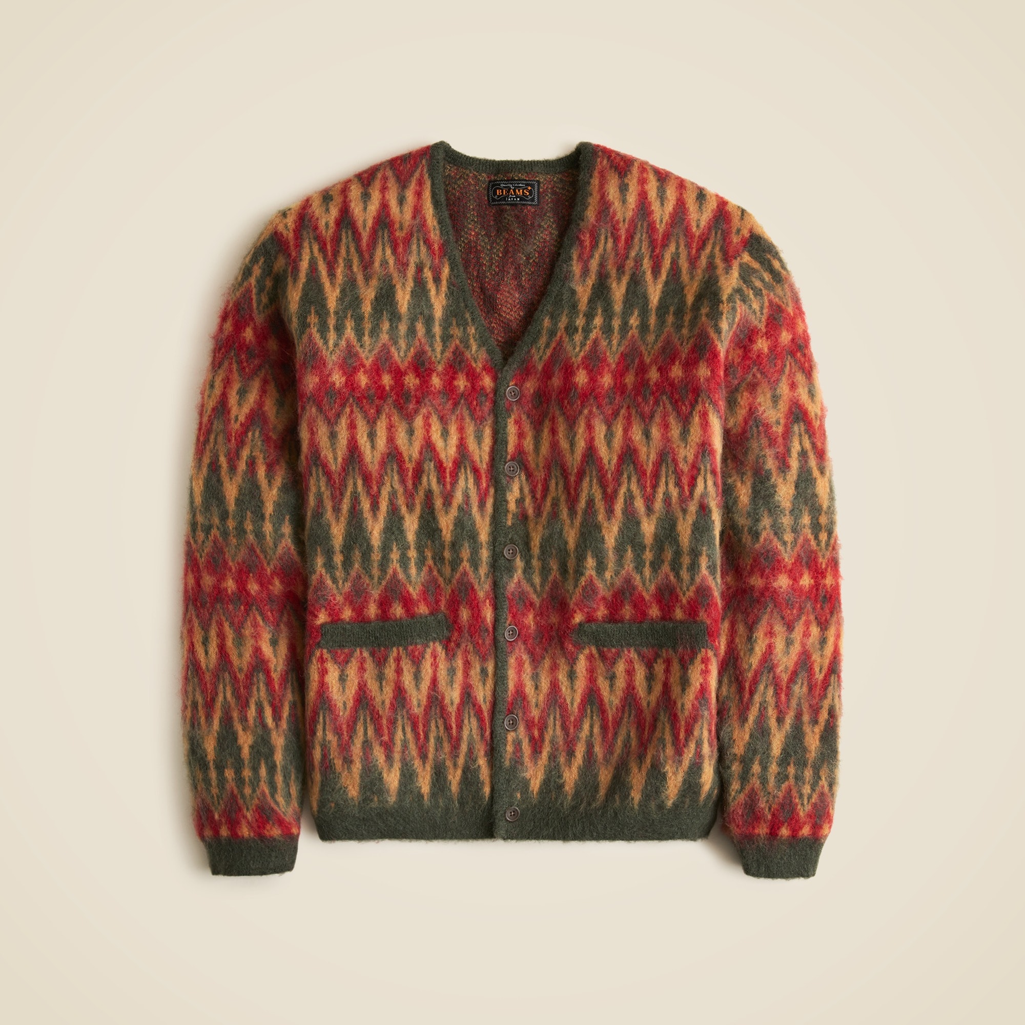 mens BEAMS PLUS wool chevron jacquard cardigan sweater