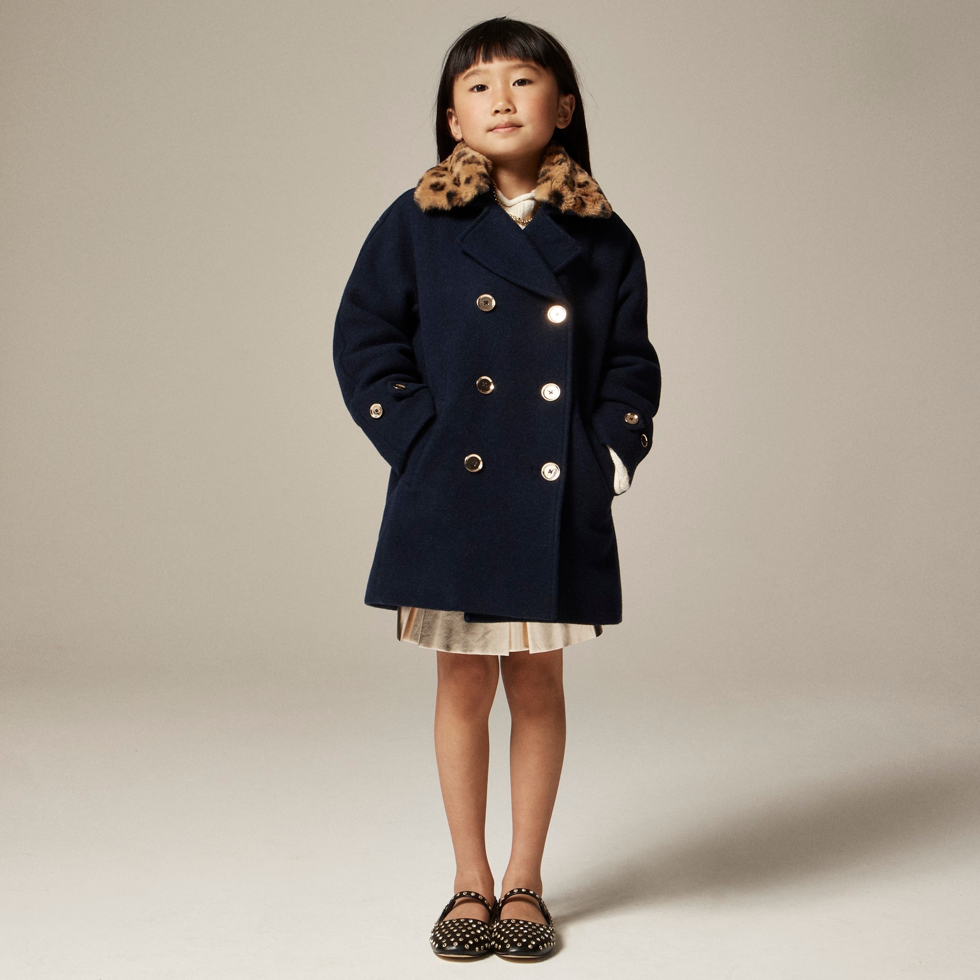 girls Girls' wool-blend peacoat with leopard faux-fur collar