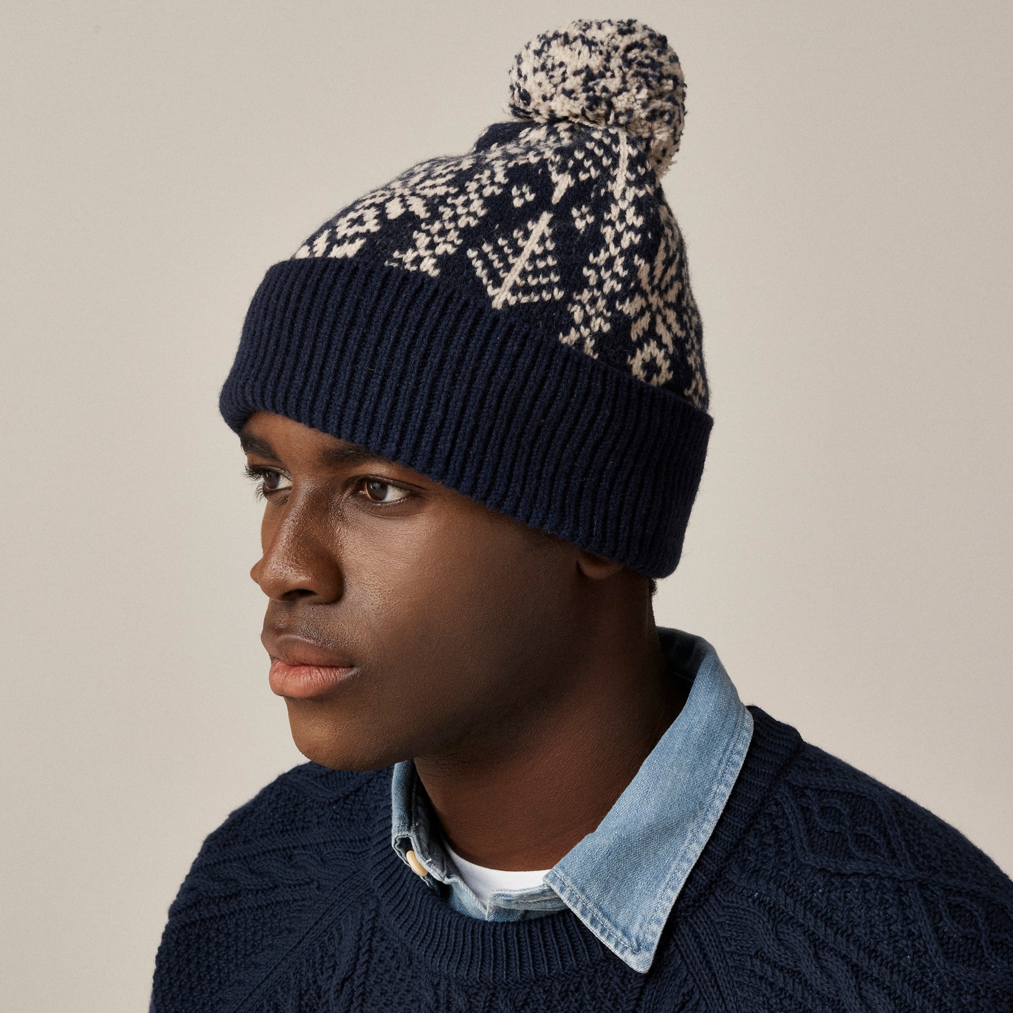 mens Wool Fair Isle pom-pom beanie