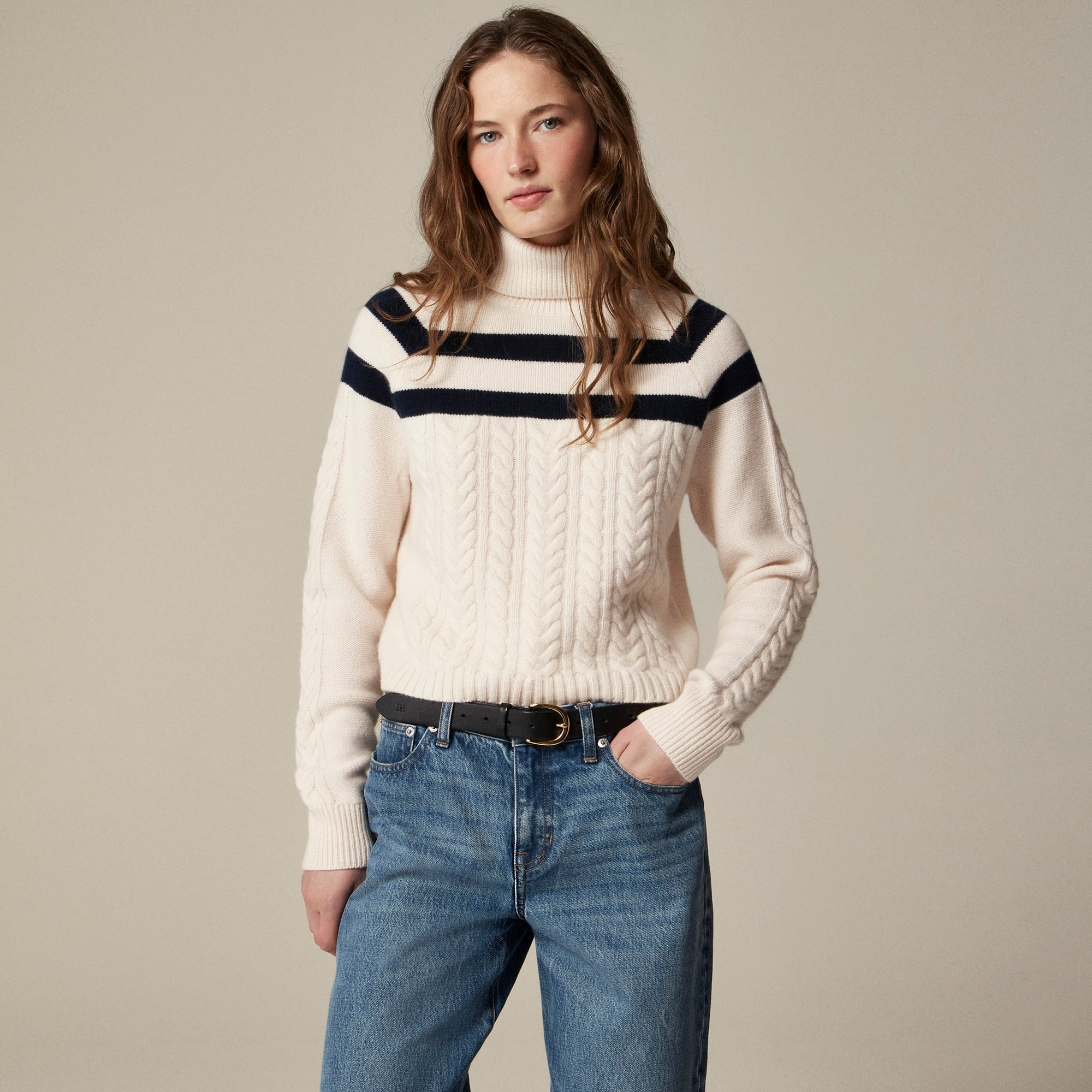 womens Cashmere cable-knit turtleneck sweater with contrast stripe