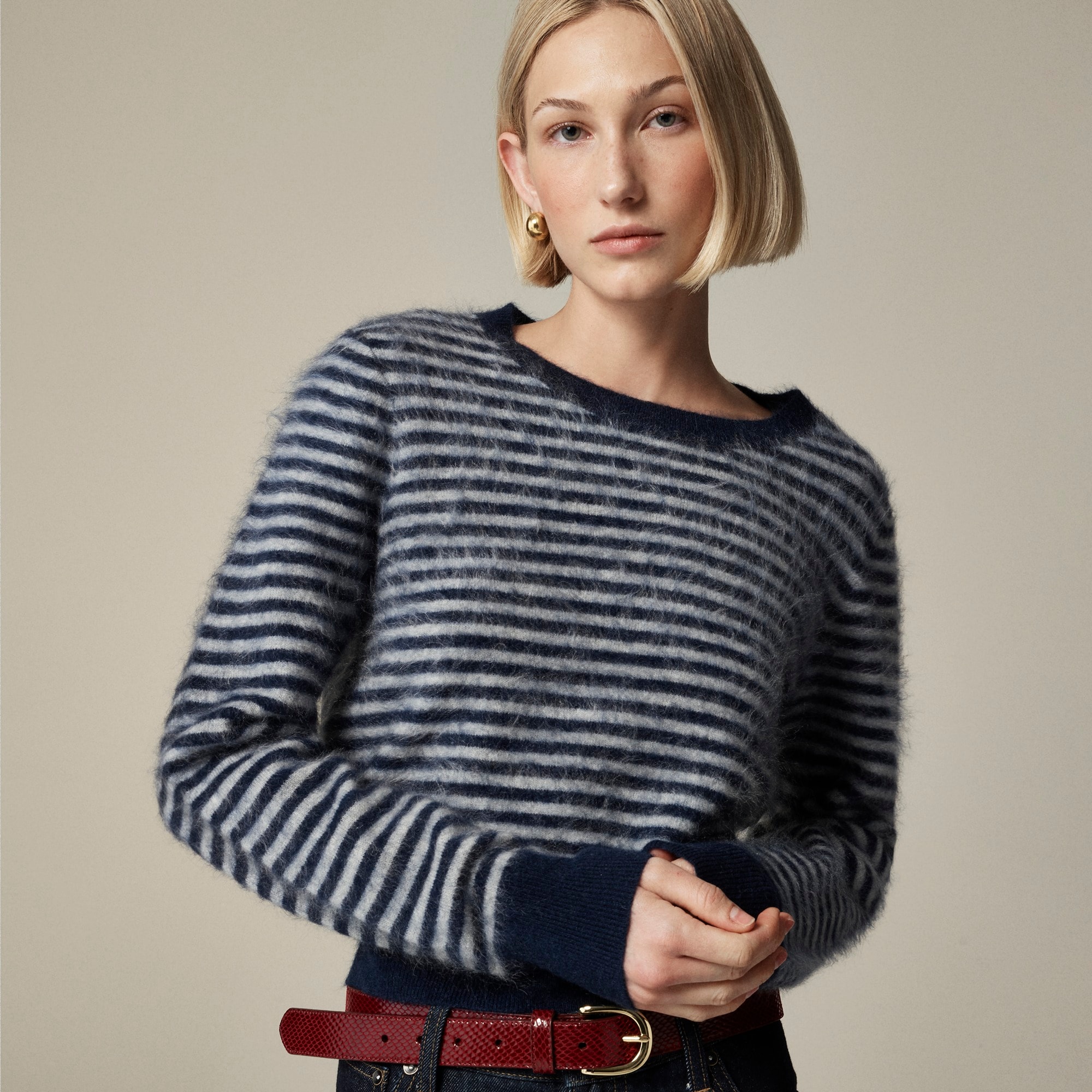 womens Brushed cashmere shrunken crewneck sweater in stripe