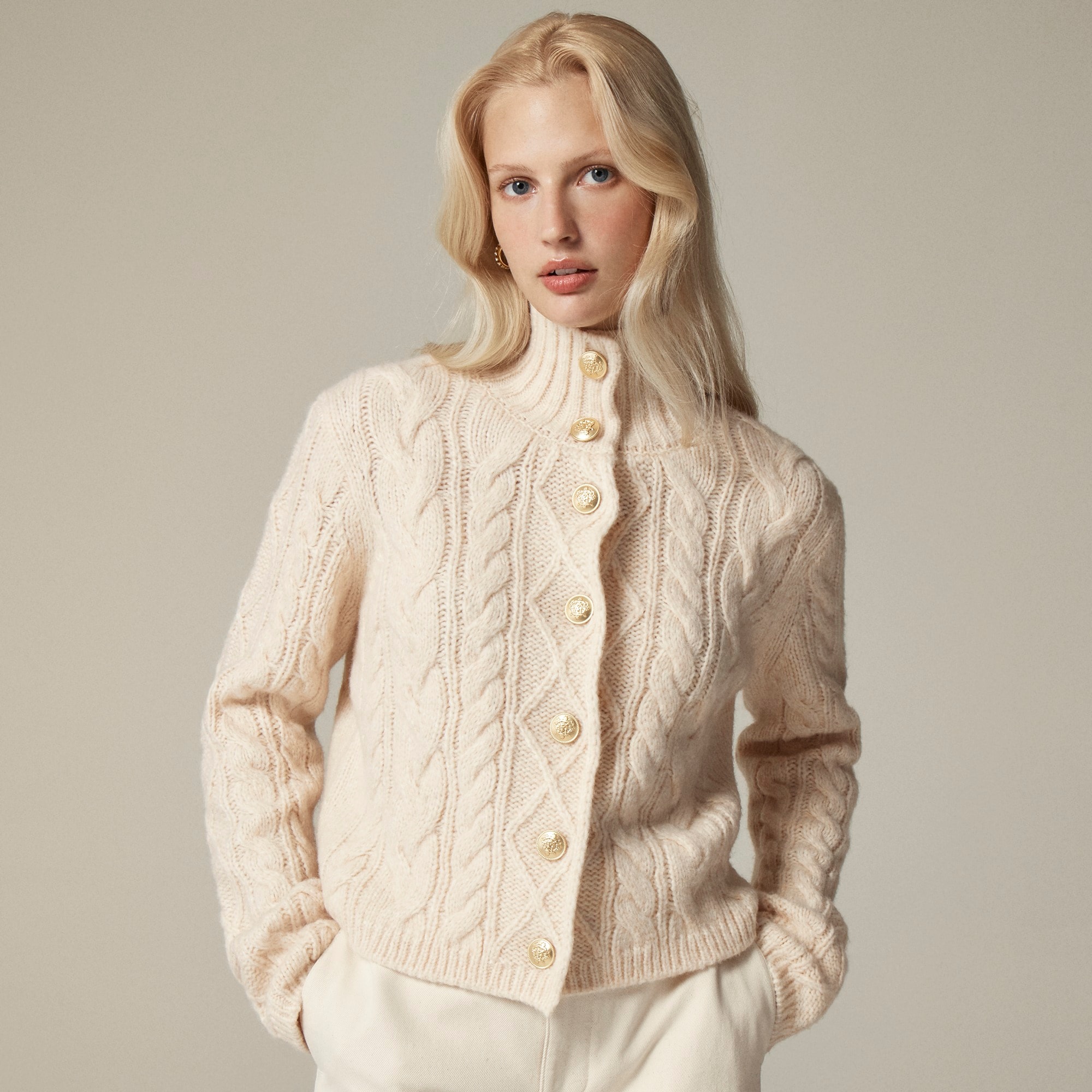 womens Cable-knit turtleneck cardigan sweater