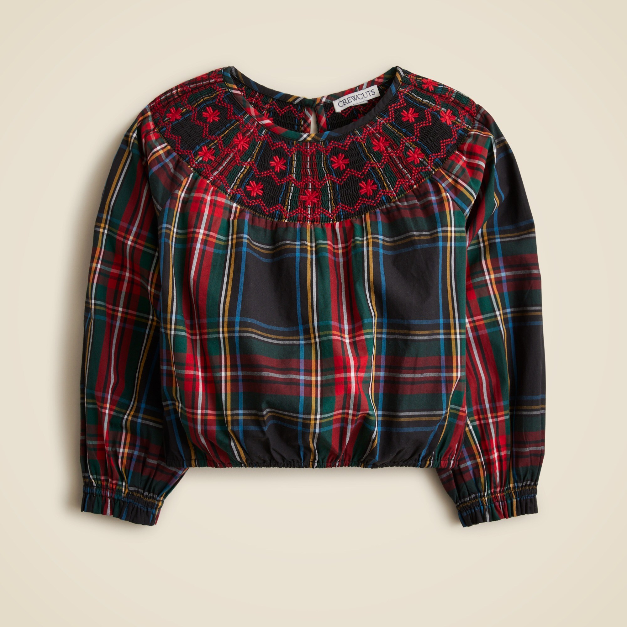  Girls' embroidered smocked top in Stewart tartan