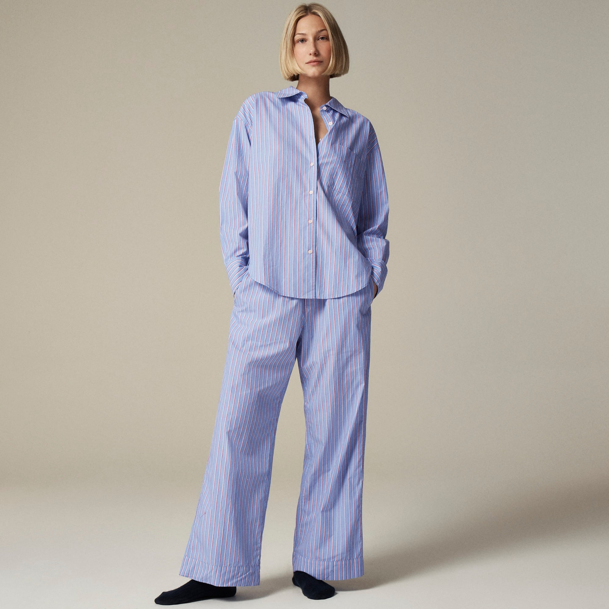 womens Relaxed cotton poplin pajama pant set in stripe