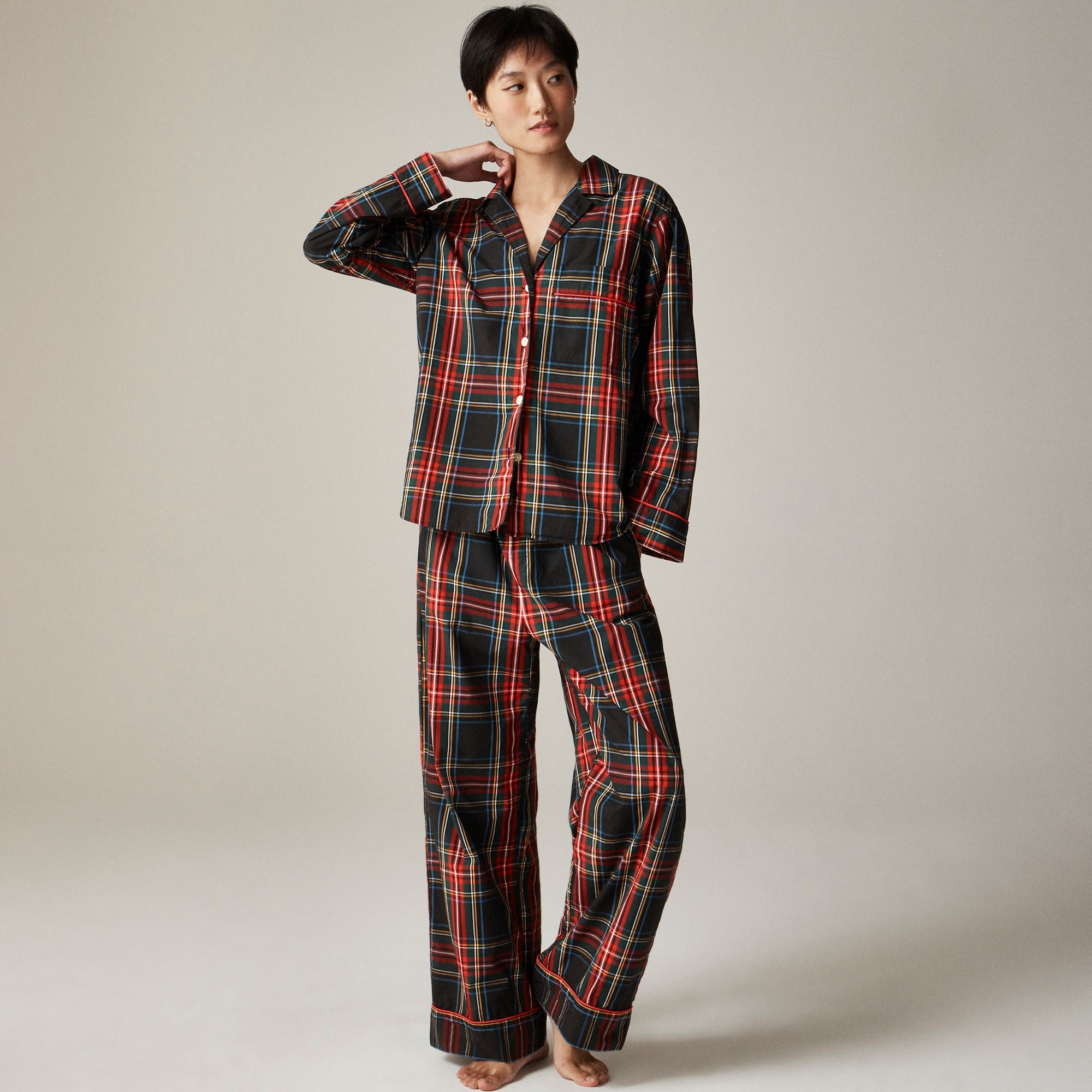 womens Pajama pant set in Stewart tartan cotton poplin