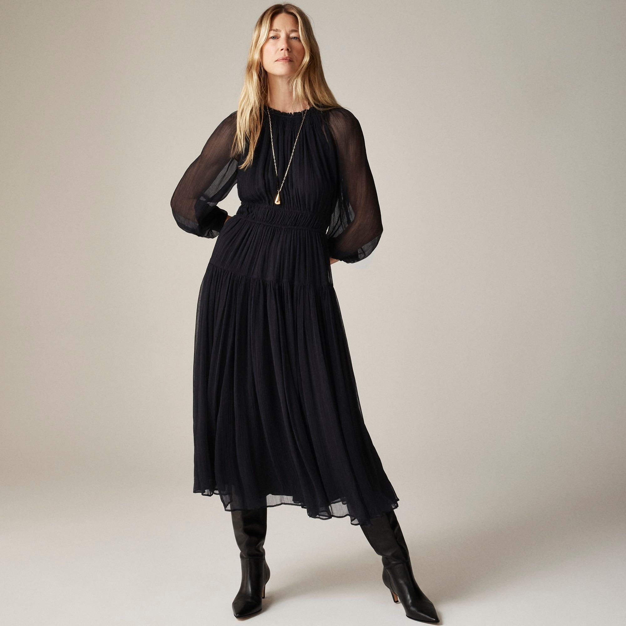 womens Crinkle chiffon sheer long-sleeve dress