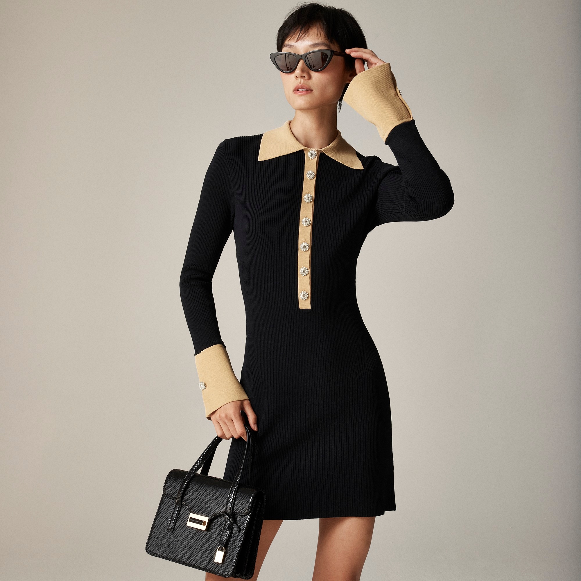 womens Ribbed polo sweater-dress with jewel buttons